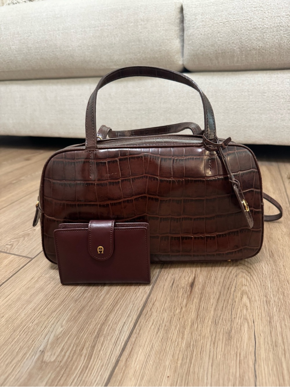 Brown Croc-Embossed Leather Top-Handle Bag with Matching Wallet